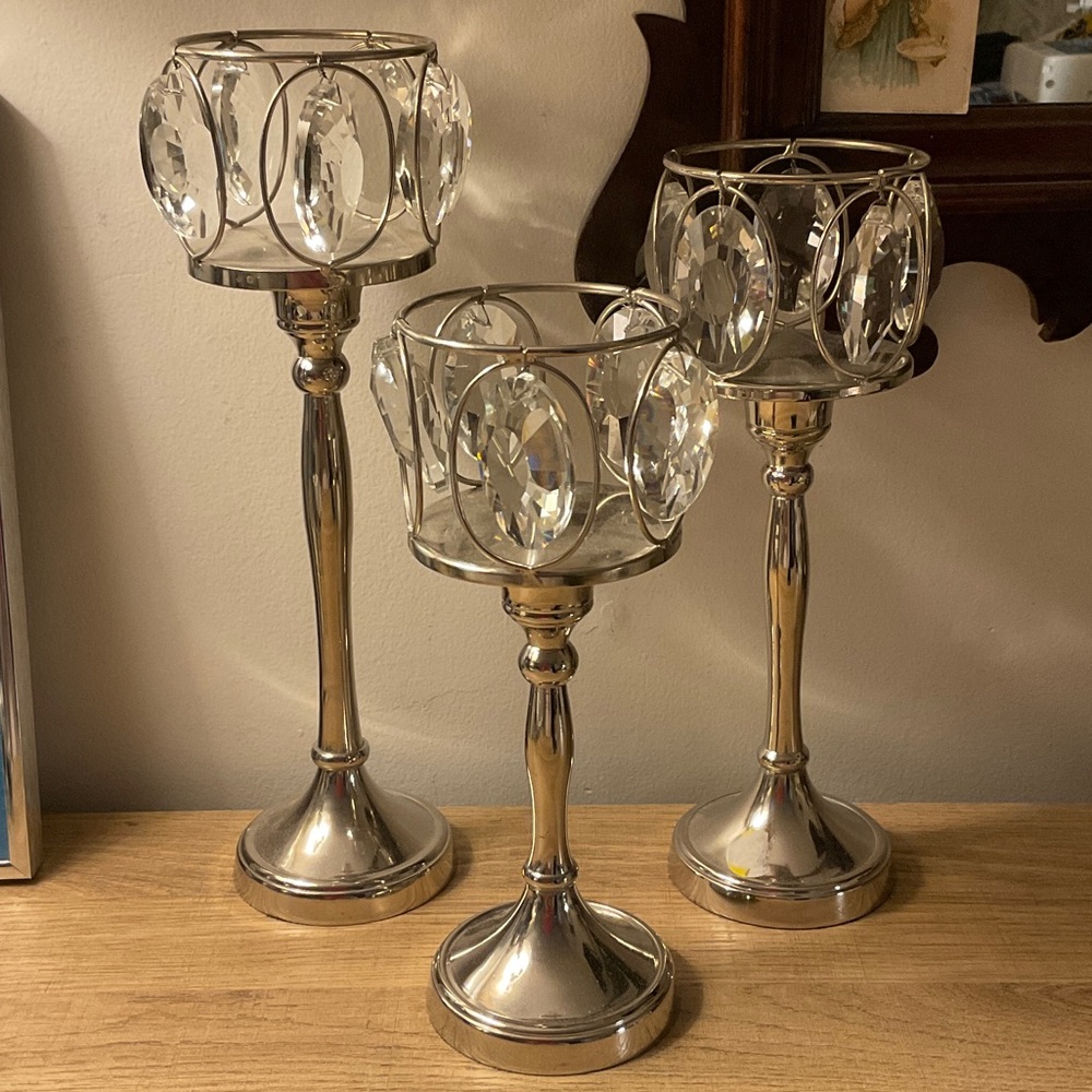 Silver Crystal Teardrop Candle Holders - Set of 3